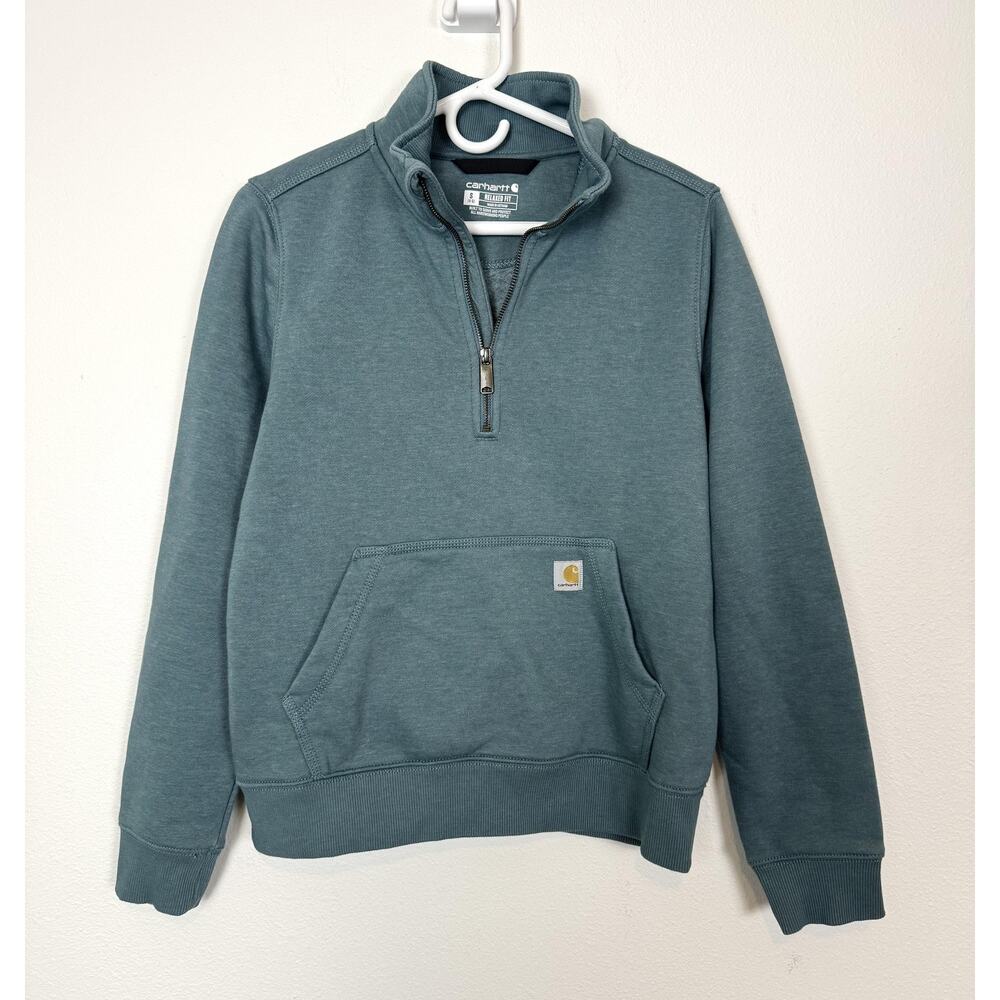 Carhartt Sweatshirt Womens Small Blue 1/4 Zip Mock Neck Fleece Fern Green